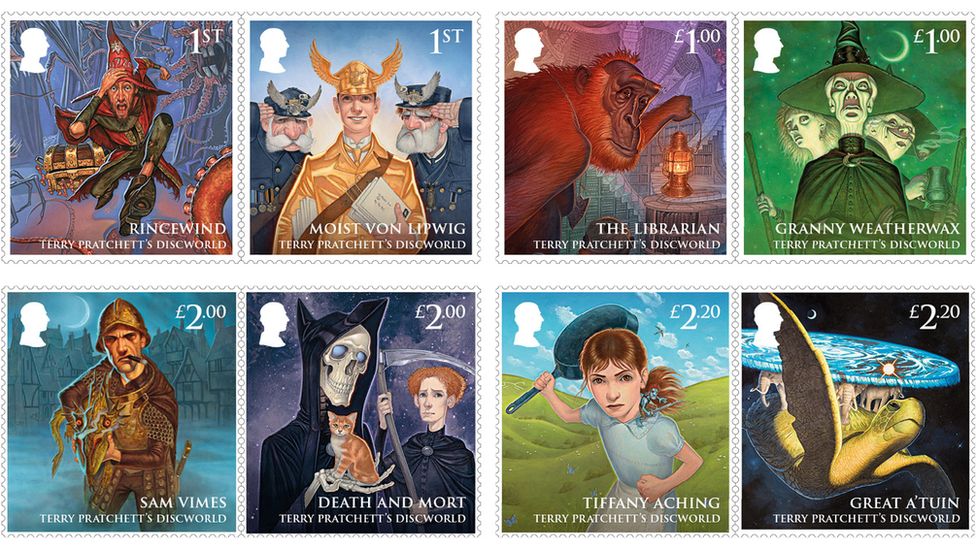 Stamps celebrating Terry Pratchett’s Discworld series.