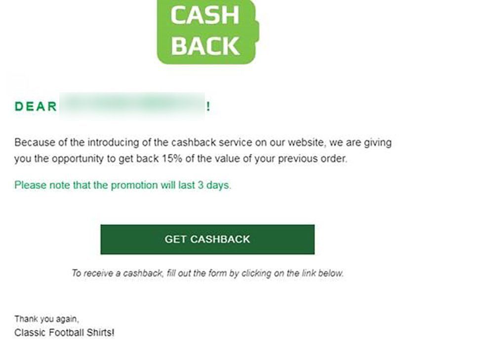 Phishing email offering cashback