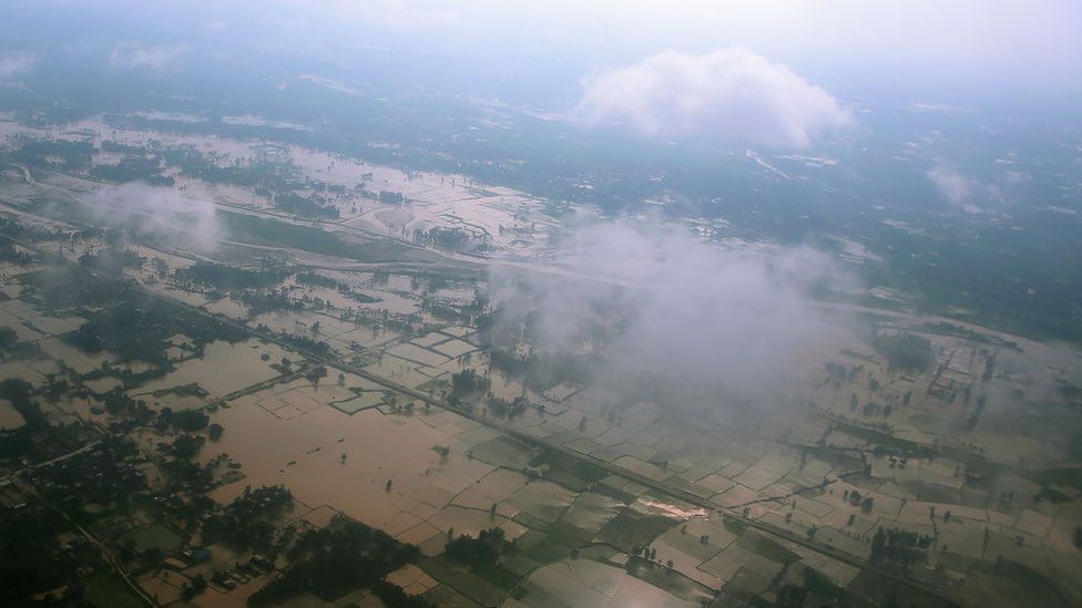 An aerial view shows flooded fields near Janakpur, Nepal.