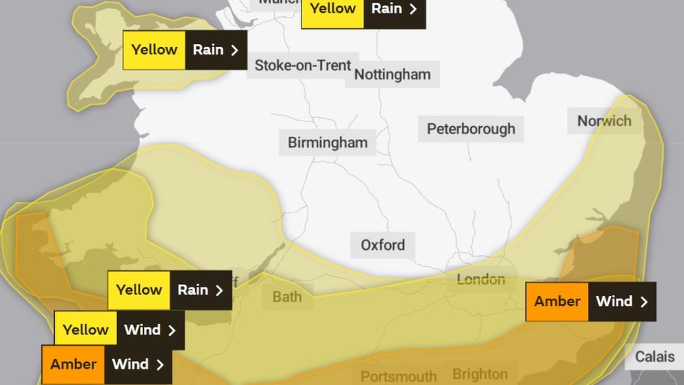 Weather map showing rain and wind yellow warnings over south and mid Wales on Thursday