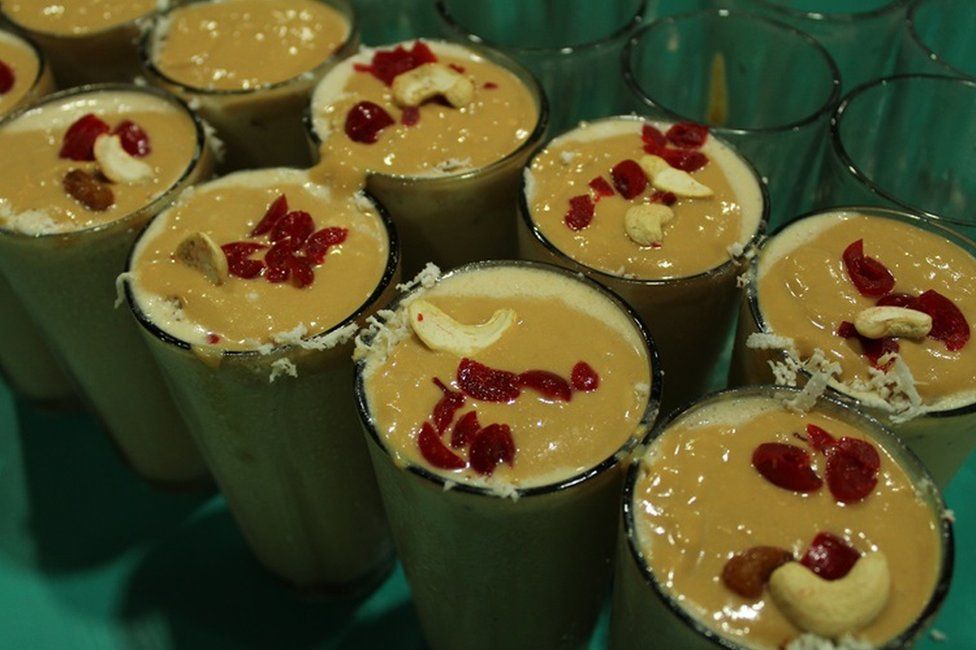 Lingraj Lassi with yoghurt, rabdi, grated coconut, cottage cheese, dry fruits and syrup