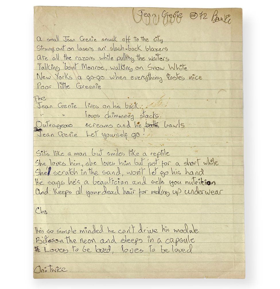 nyse større tilgive David Bowie's handwritten Jean Genie lyrics sold for £57,000 - BBC News