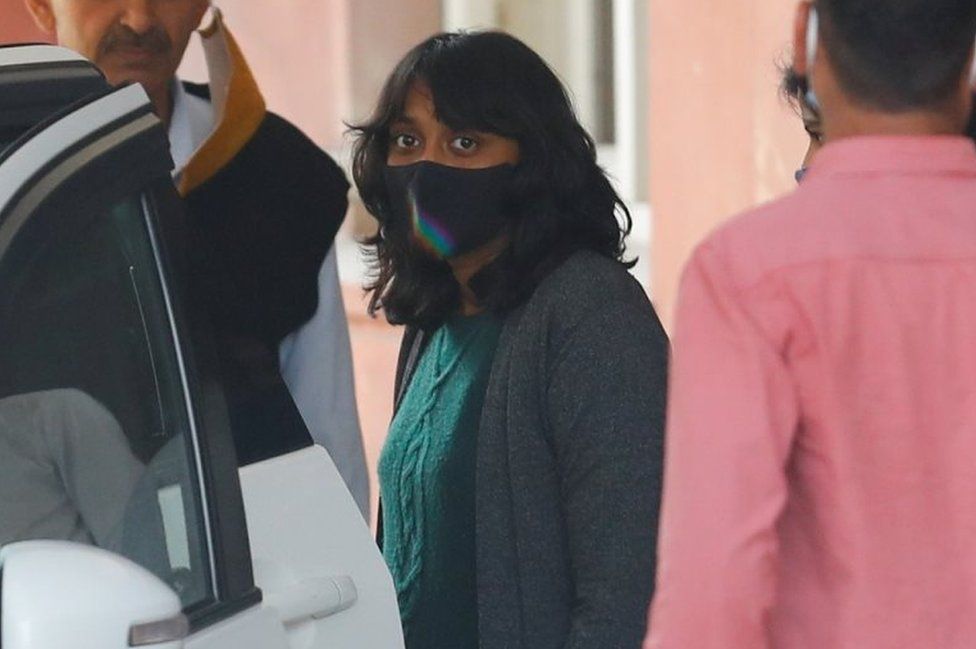 Disha Ravi, a 22-year-old climate activist, leaves after an investigation at National Cyber Forensic Lab, in New Delhi, India, February 23, 2021.