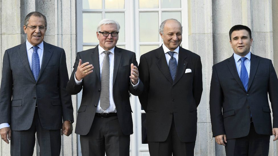 Foreign ministers Lavrov of Russia, Steinmeier of Germany, Fabius of France and Klimkin of Ukraine pose for a picture ahead of their meeting at Villa Borsig in Berlin - 12 September