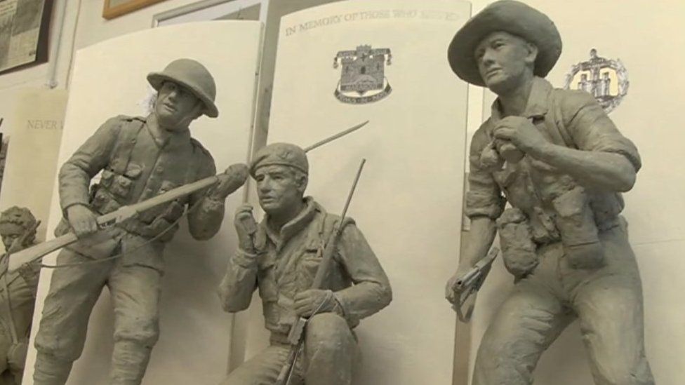 The models of the three bronze sculptures which will represent the Devonshire Regiment, the Dorset Regiment and the Devon and Dorsets