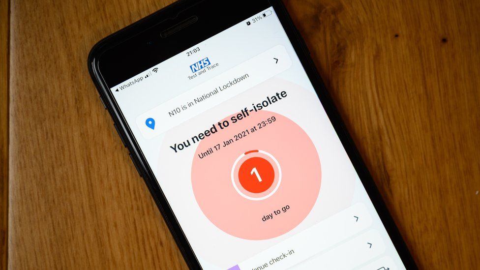 The NHS contact-tracing app is seen with one day left on a self-isolation timer