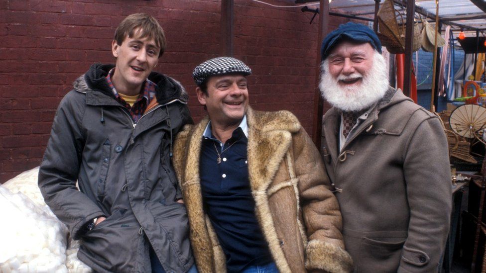 Nicholas Lyndhurst, David Jason and Buster Merryfield laughing on set during filming in 1986