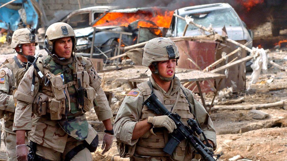 US soldiers patrol Tal Afar on 11 October 2005 after a suicide bomb attack