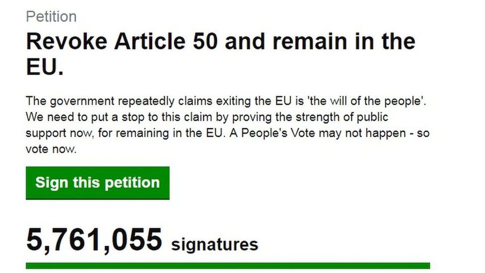 Screenshot of the UK Parliament website page on the revoke Article 50 petition, which has now passed 5.7m signatures