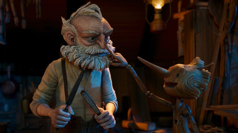 Geppetto y Pinocho en Pinocho, de Guillermo del Toro