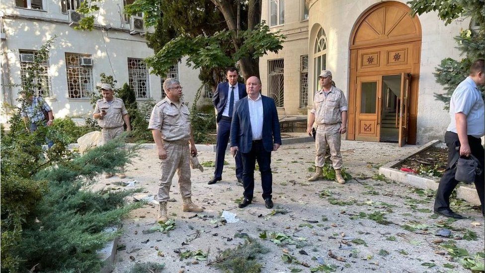 The scene after an alleged drone hit on the Black Sea Fleet HQ in Sevastopol (pic: Governor Razvozhayev)