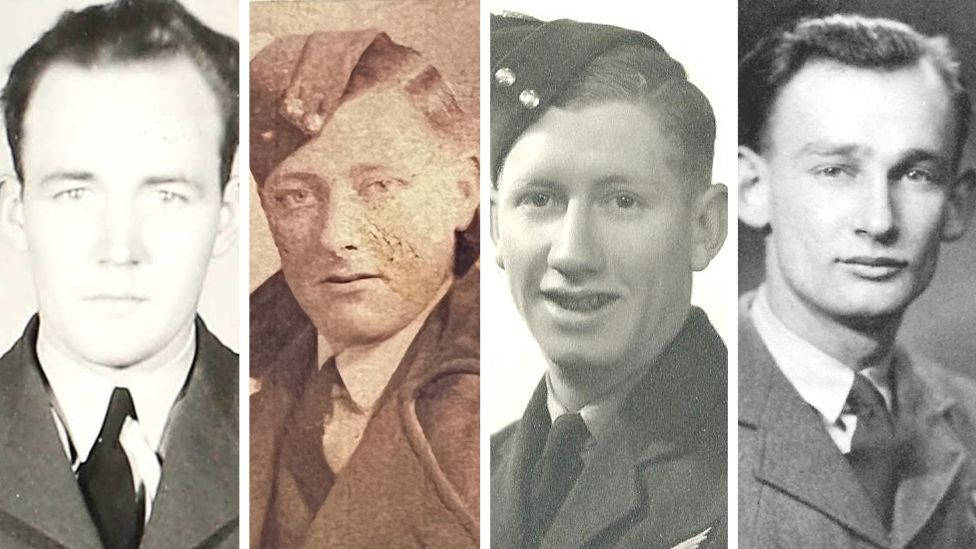 Four of the Lancaster LM464 crew: Sydney Huntley, Percy Lawn, Harry Bryan and Roger Vernon
