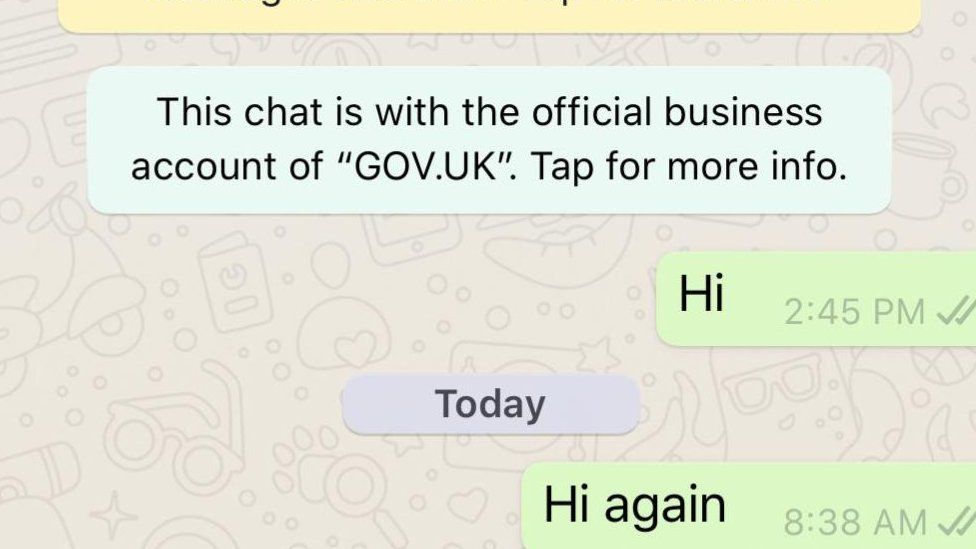 Screenshot of WhatsApp message from government coronavirus bot