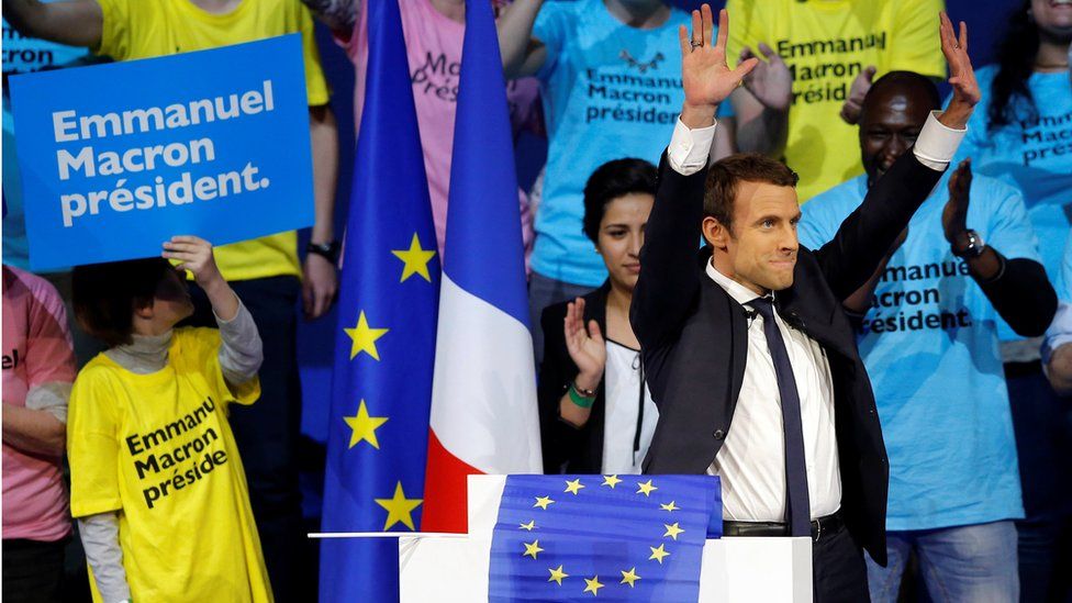 Emmanuel Macron, head of the political movement En Marche!, or Onwards!, and candidate for the 2017 presidential election attends a campaign political rally in Saint-Herblain near Nantes, France, April 19, 2017.