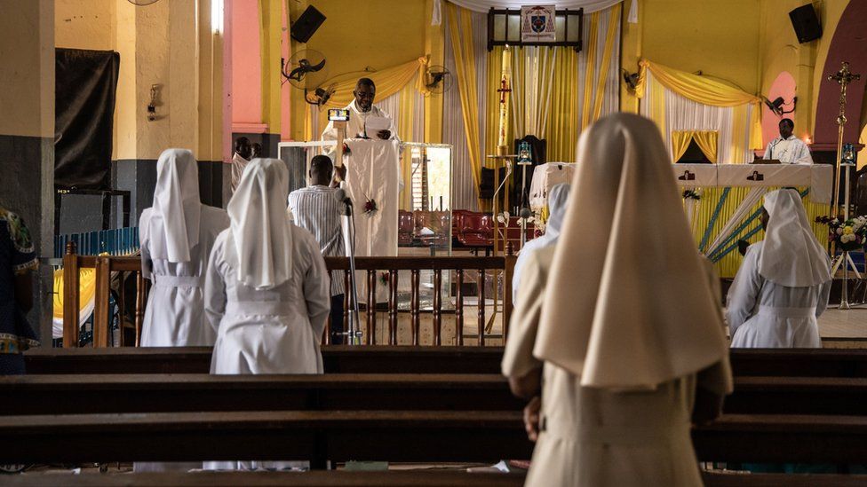 Easter Sunday Mass is broadcast live on social media from the Cathedral of the Immaculate Conception in the capital of Burkina Faso, Ouagadougou, 12 April 2020