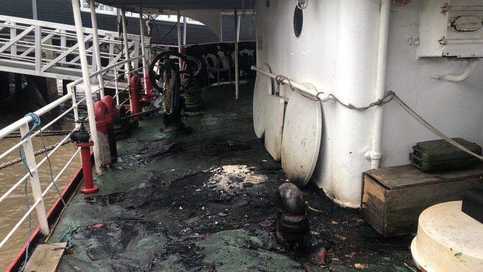 Smoke damage to the deck of the boat