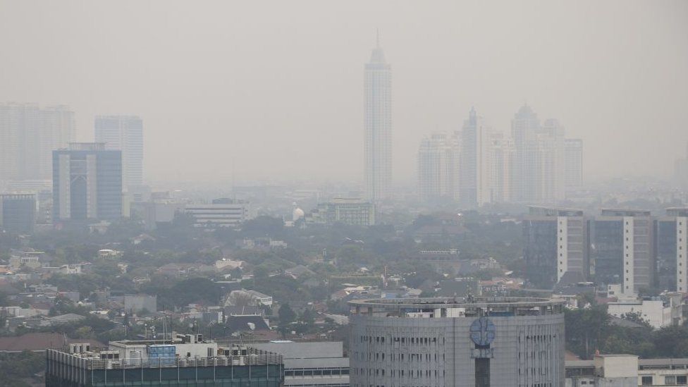 A general view of the Indonesian capital city of Jakarta as the smog covers the city on July 9, 2019