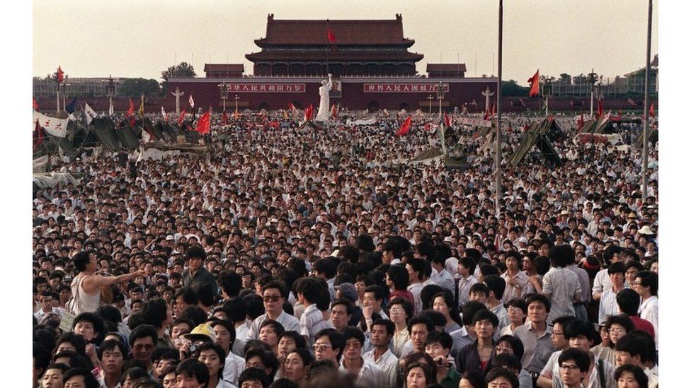 This file photo taken on June 2, 1989 shows hundreds of thousands of Chinese gathering around a 10-metre replica of the Statue of Liberty (C), called the Goddess of Democracy, in Tiananmen Square
