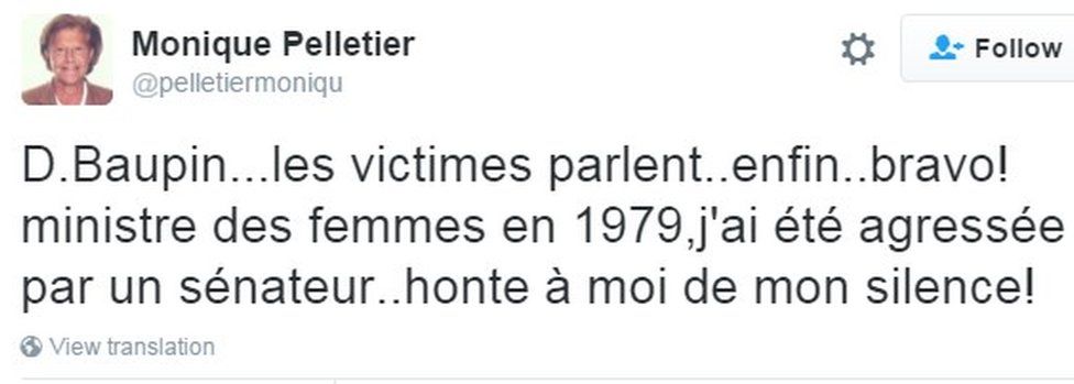 "Baupin - the victims speak, finally - bravo! As Minister for Women in 1979 i was attacked by a senator - shame on me for my silence!"
