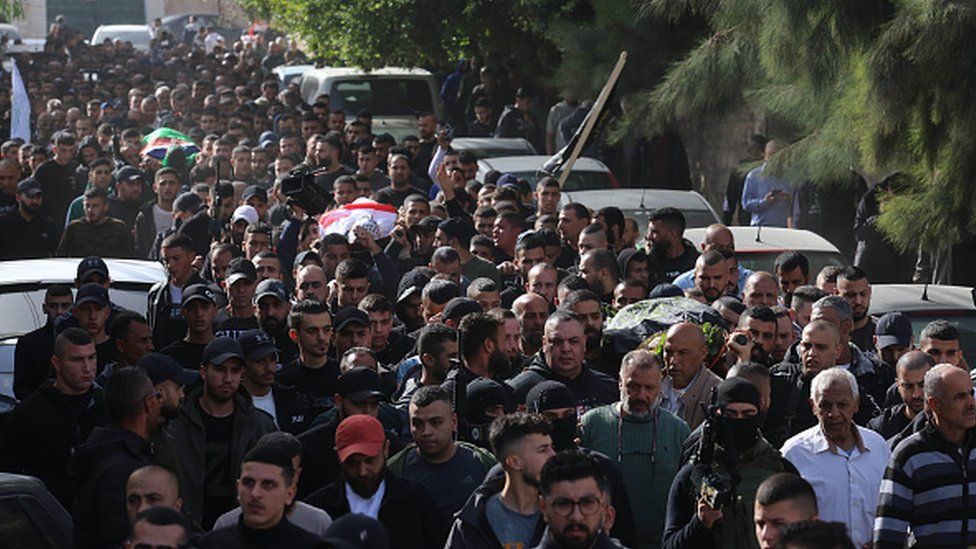 Palestinians participate in a funeral ceremony held for Palestinians killed in raids and attacks by Israeli forces, in Jenin, West Bank on November 26, 2023