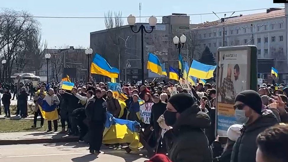 Screengrab of video of protests in Kherson