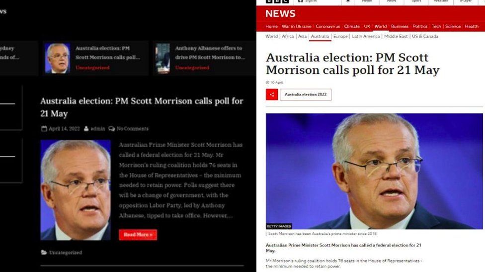 Two images side-by-side showing the fake news website with a story stolen from the BBC.