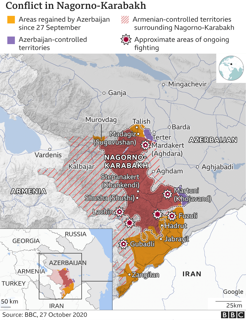 A map showing where fighting has been taking place in and around the disputed territory of Nagorno-Karabakh