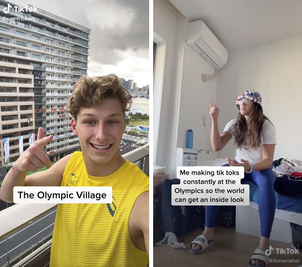 Composite image shows Sam Fricker in his video. Right pictures shows Ilona Maher holding her phone and the caption "Me making TikToks constantly at the Games so the world can get an inside look"