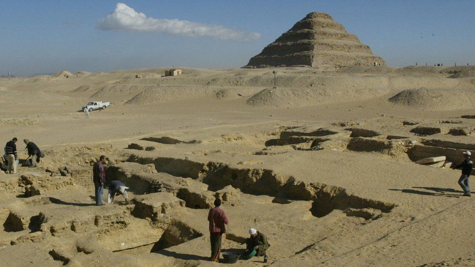 File photo 2008 of the Saqqara necropolis in wide shot, with the stepped pyramid seen in the background