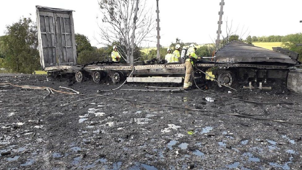Remains of a lorry fire