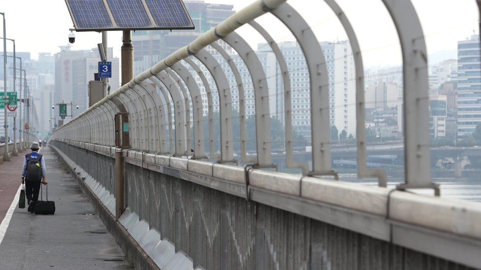 Security fences are installed along Mapo Bridge over the Han River in Seoul
