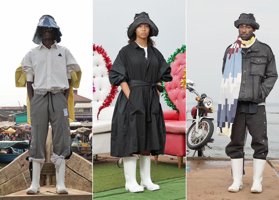 Three models in Buzigahill designs - all wearing white boots