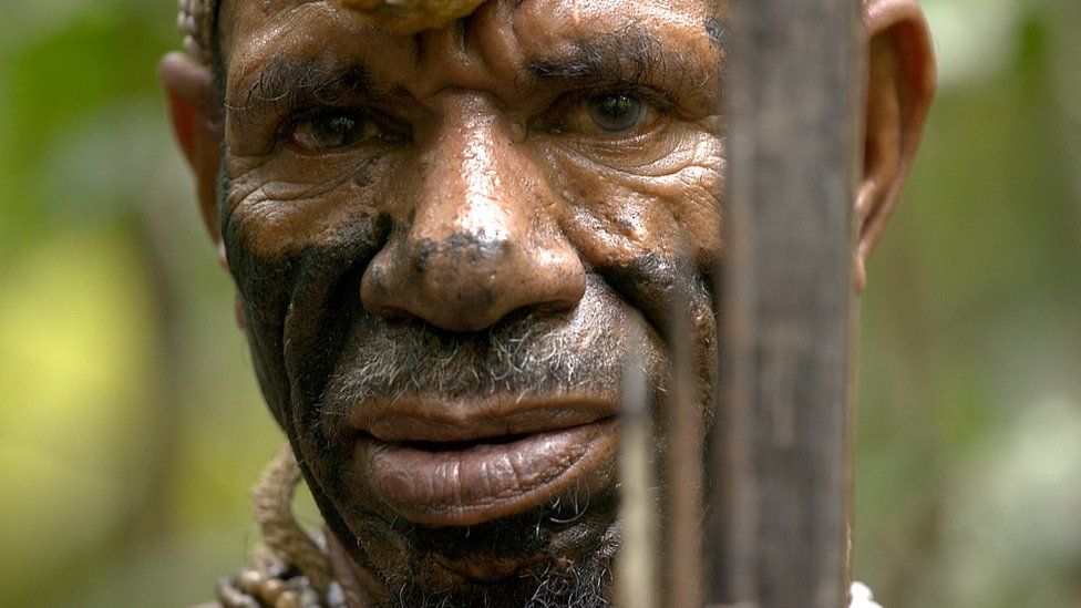 A tribal elder, Wiro Tambun, dressed for a ceremonial dance that tells the story of the land before mankind came along.