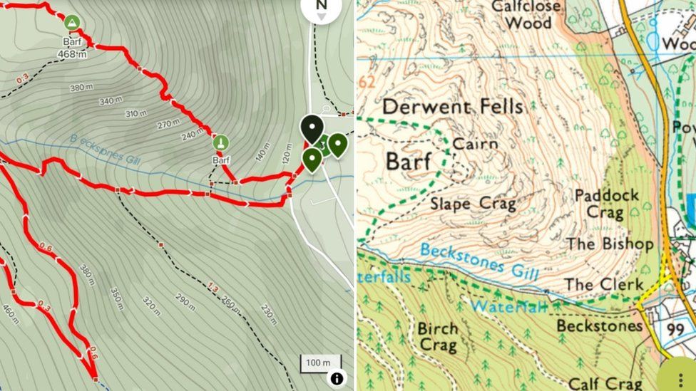 Screen grabs, on the left is AllTrails showing a red route going right up the face of Barf, on the right an OS map showing there is no path that way