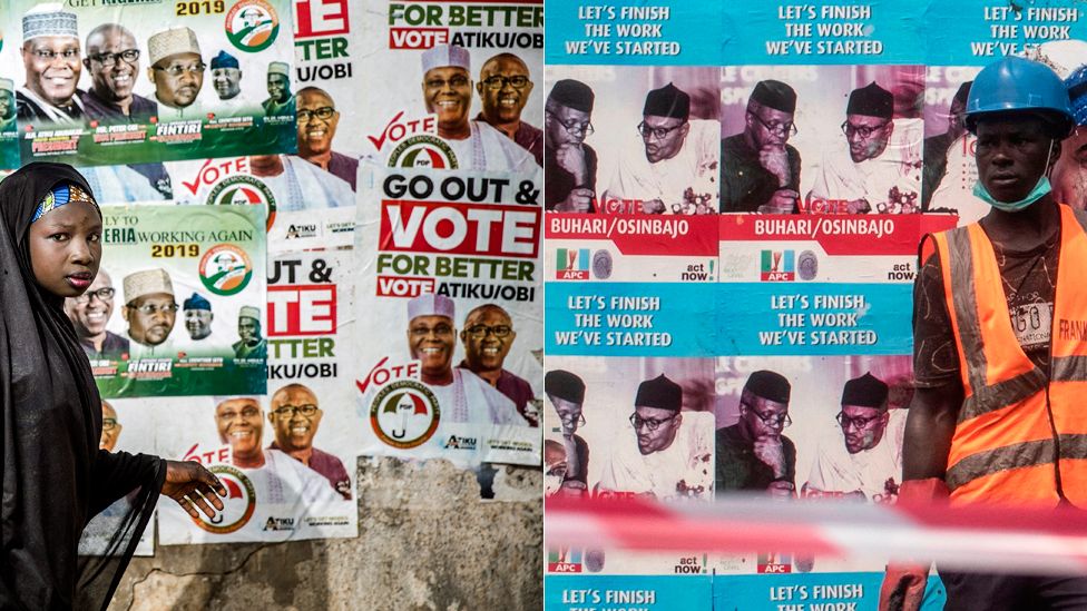 L: A woman walking past PDP posters R: A workman in front of APC posters - both in Nigeria
