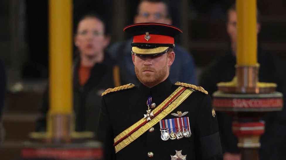 Prince Harry stood at the opposite end of the coffin to his brother, the Prince of Wales