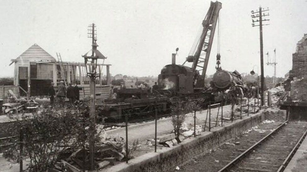 Train engine being winched up following an explosion at Soham in 1944