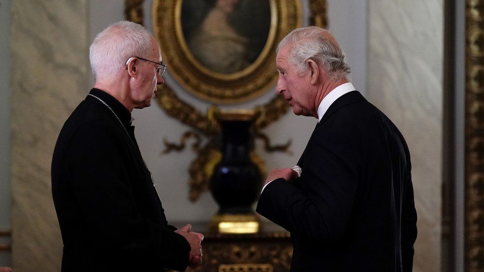 King Charles (right) talks privately with the Archbishop of Canterbury, Justin Welby (left) who will lead the coronation service.
