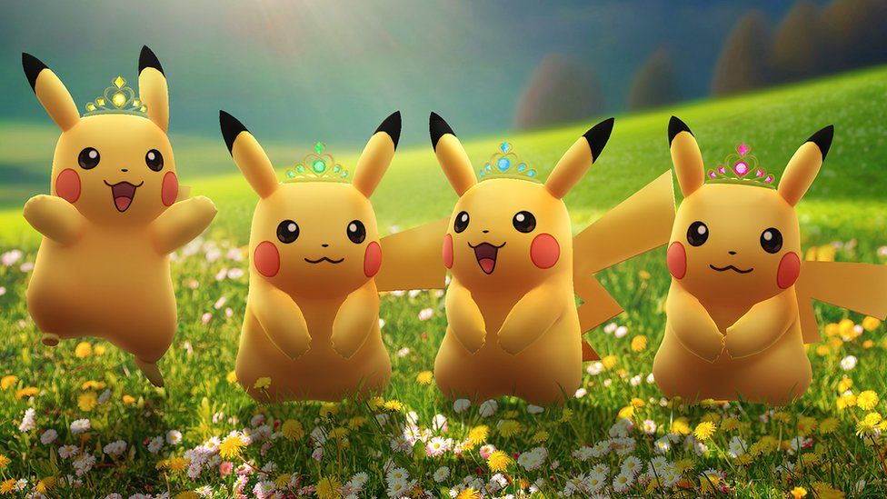 Pikachu with crowns on Pokemon Go.