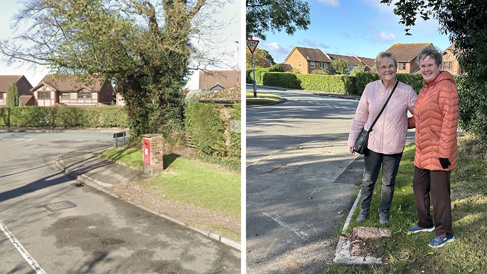 A split photo: the left side shows a picture of the pillar post box with a red cast iron front on the side of the street and the right image is a photo of two local residents standing where the post box once stood 