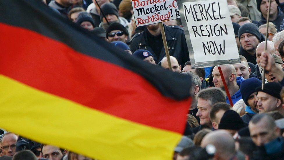 Supporters of anti-immigration right-wing movement Pegida in Cologne, Germany (9 January 2016)