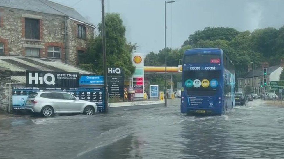 Flooding on a roundabout in Truro, Cornwall