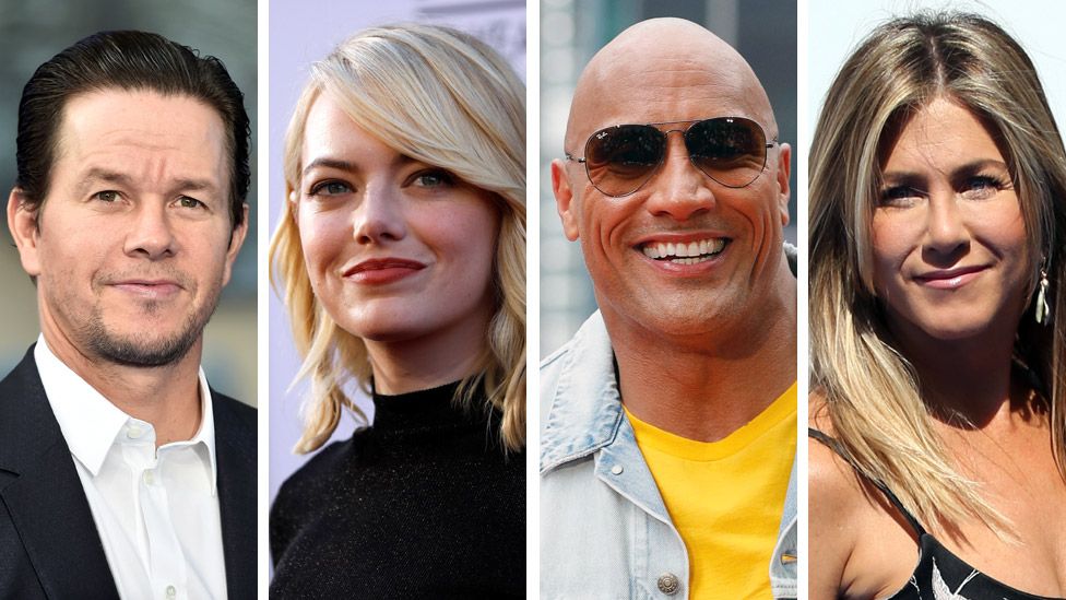 Left-right: Mark Wahlberg, Emma Stone, Dwayne Johnson, Jennifer Aniston