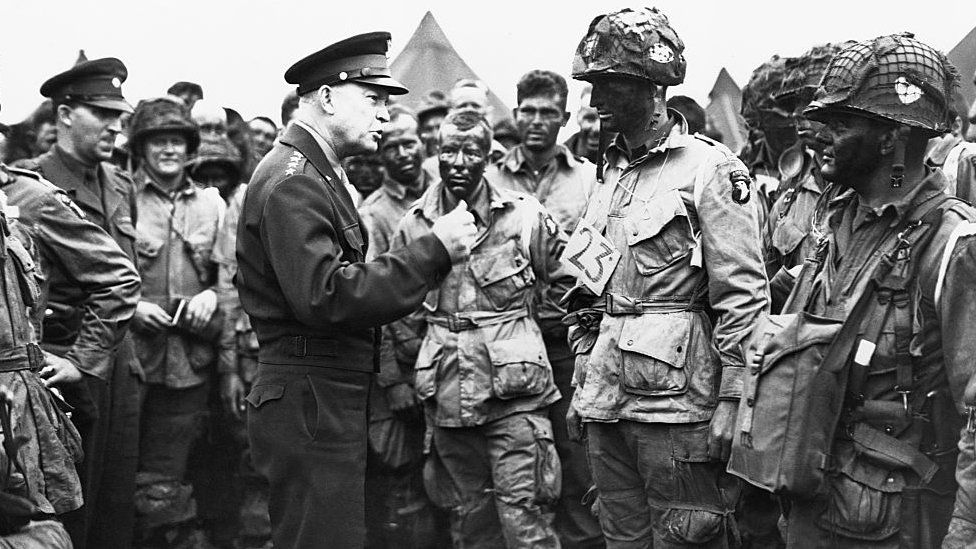 General Dwight Eisenhower (1890-1969) talks to his troops around the time of the D-Day invasion of France in 1944.
