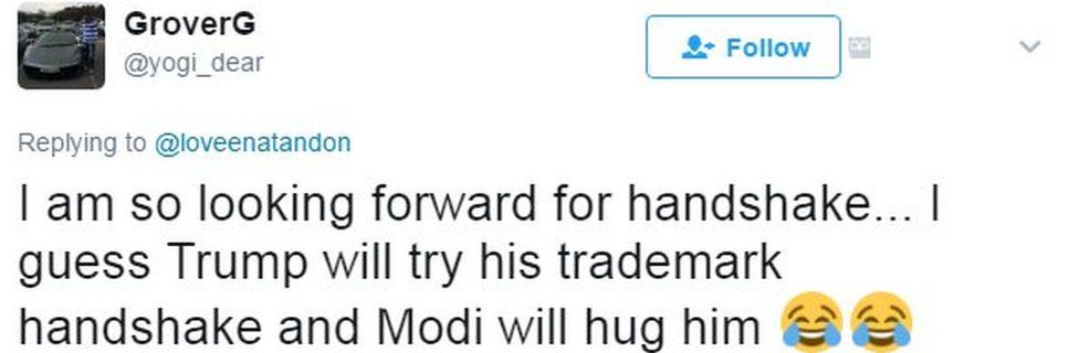 I am so looking forward for handshake... I guess Trump will try his trademark handshake and Modi will hug him 😂😂