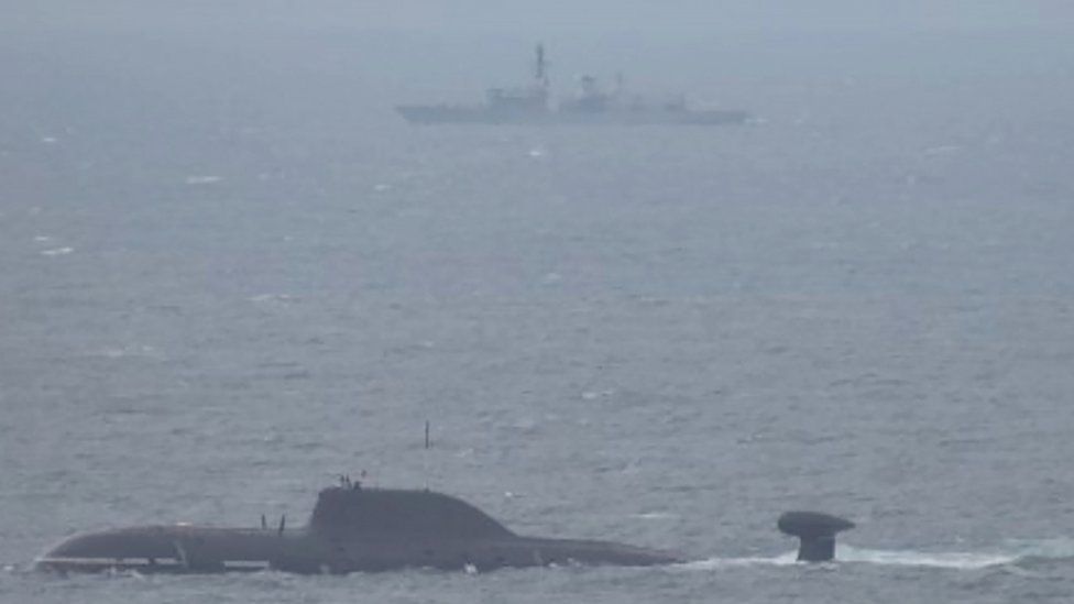 British submarine hunter HMS Portland (top) tracking Akula-class attack submarine Vepr in the North Sea, north west of Bergen, Norway