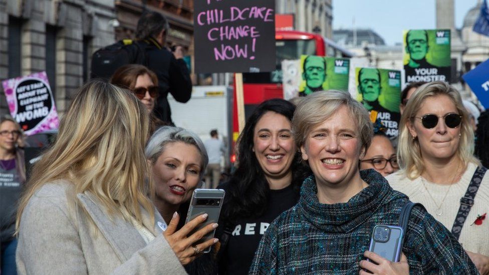 MP Stella Creasy attends a protest for better childcare provision