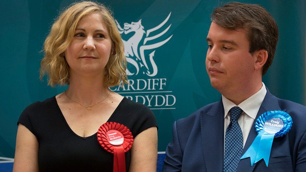 Anna McMorrin on stage with former Cardiff North MP Craig Williams