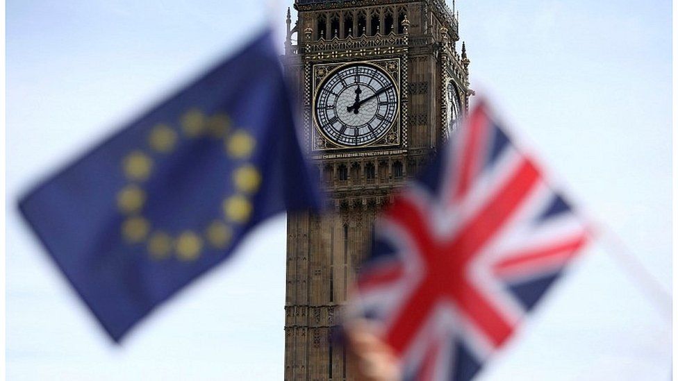 EU flag and Union Jack outside Parliament