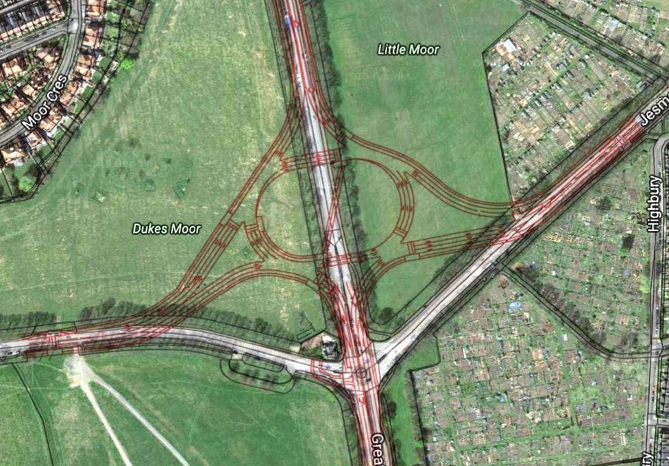 Aerial view of Blue House roundabout showing current roundabout and proposed changes